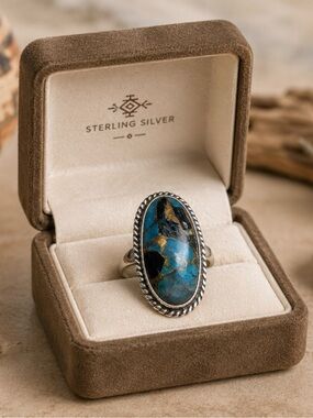 Ring Turquoise Black Blue Copper 295 Sterling Silver